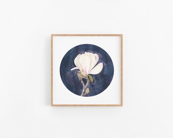 Impresión de acuarela de magnolia: pintura floral firmada