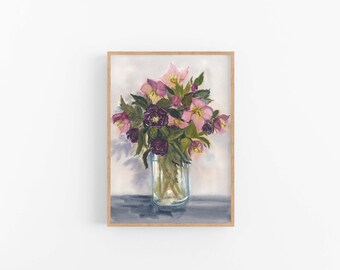 Lámina artística floral de heléboros rosas y morados, flores en acuarela