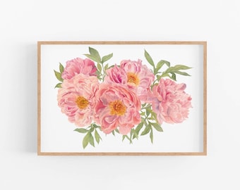 Impresión artística de acuarela de peonías rosas: impresión giclée floral