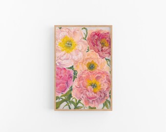 Impresión artística giclée de peonías rosas: decoración de pared floral en tonos pastel