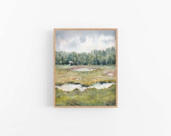 Impresión de acuarela de pantanos: pintura de paisaje verde