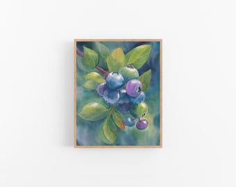 Impresión artística de acuarela de arándanos: Impresión de bayas firmada