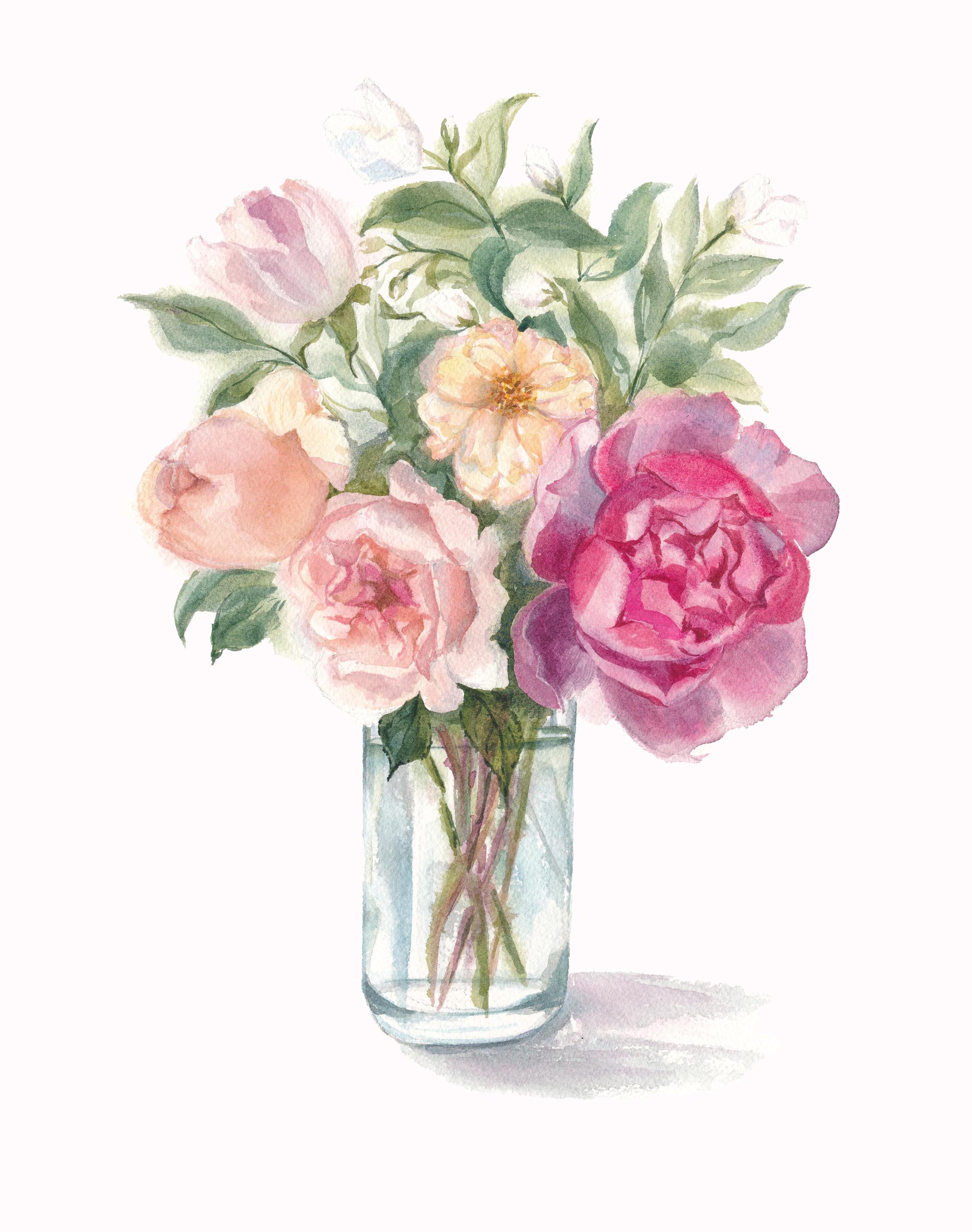 Roses in Vase Watercolor Art Print: Pink Floral Painting - Etsy