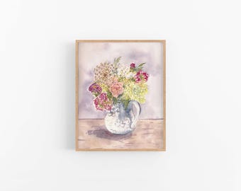 Impresión artística de hortensias en acuarela: pintura floral rosa y morada