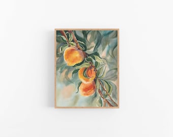 Impresión artística de acuarela de melocotones: pintura cítrica para la cocina