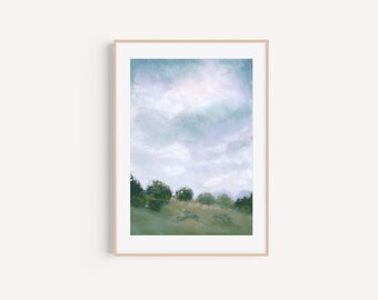 Impresión giclée de campos pastel: paisaje azul verdoso de ensueño