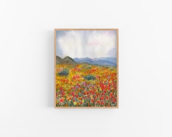Impresión de acuarela de un campo de amapolas: pintura de paisaje floral naranja