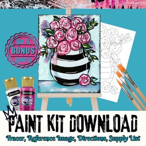 Floral Painting Kit, Rose Vase Traceable Template, DIY Sip and Paint Download, Easy Canvas Art Tutorial, Digital Full Kit for Adults, Artist