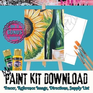 Kit para pintar botellas con girasoles, plantilla floral para calcar, lámina imprimible para pintar y beber, proyecto rústico de lienzo con flores (descarga digital).