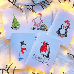 Cartes de Noël, Père Noël, arbre, pingouin, rouge-gorge, bonhomme de neige, jeu de cartes, cartes pour la famille et les amis