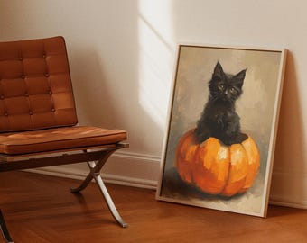 Black Cat Pumpkin Print: Spooky Halloween Kitten Wall Art, Kitty Decor, Fall Print