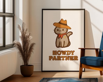Cowboy Cat Art Print: "Howdy Partner" Western (Digital Download), Kitten Art Humor, Dorm Office