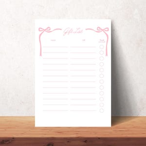 Pink Bow Bridal or Baby Shower Gift Tracker (PDF), Baby Girl, Coral Wedding