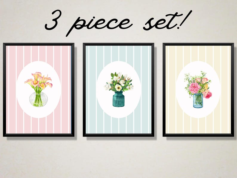 3 Piece Floral Vase Wall Art Set – Pastel Botanical Digital Prints ...