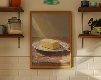 May include: A framed oil painting of a block of butter on a decorative plate with a silver knife. The painting is set against a warm, neutral background. The painting is hanging on a white tiled wall.