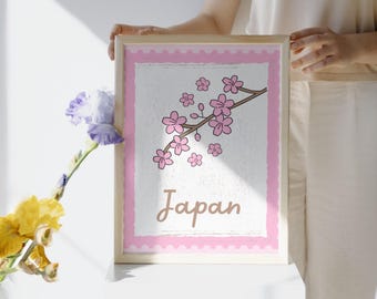 Pink Sakura Stamp Art Print: Japanese Travel Poster, Japan Inspired, Pink Cherry Blossom