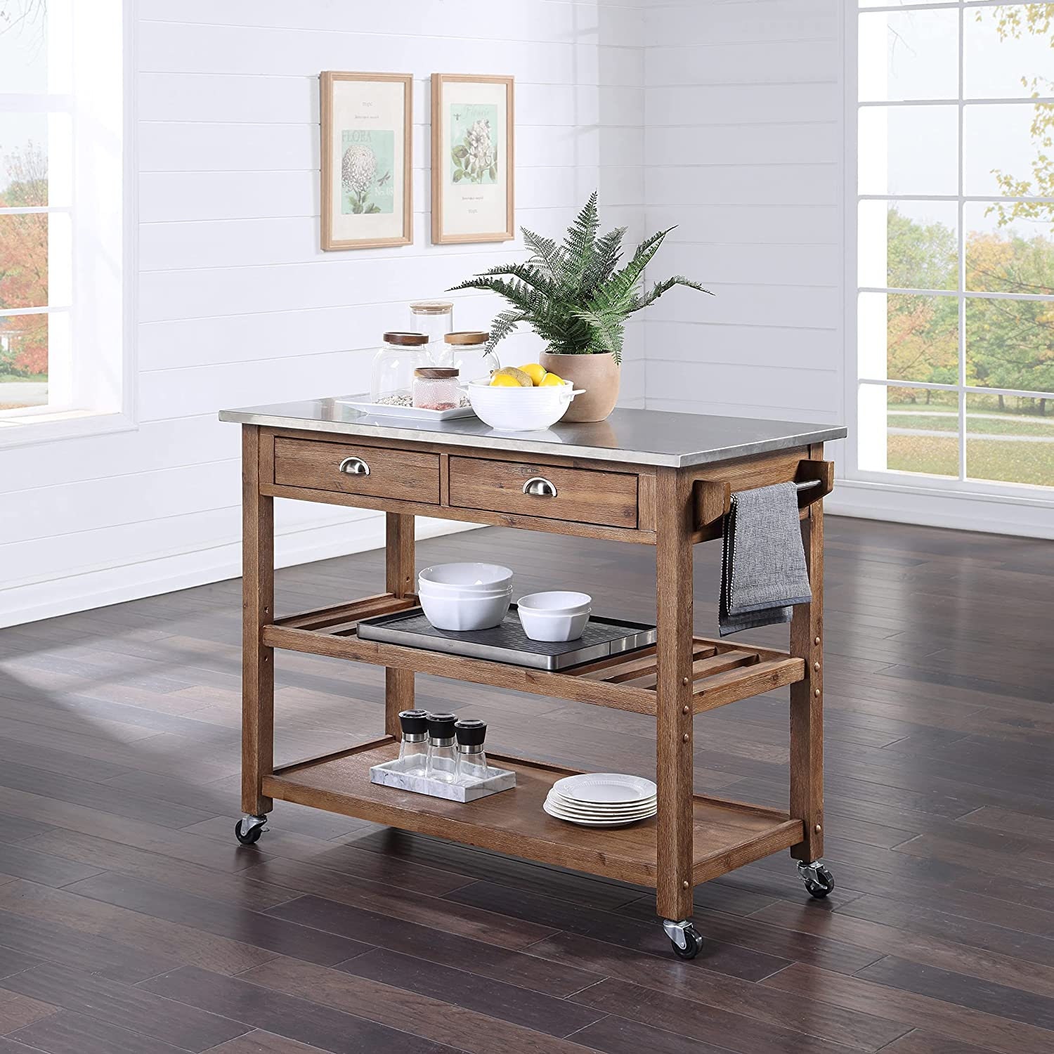 Solid Wood Farmhouse Kitchen Island Cart With Stainless Steel Etsy