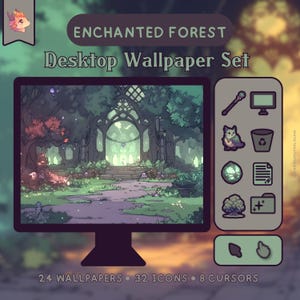 Ensemble de papiers peints de la forêt enchantée en téléchargement numérique Arrière-plans d'ordinateur fantastiques Icônes et curseurs assortis Thème esthétique PC Mac