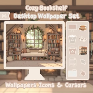 Cozy Bookshelf Desktop Wallpaper Digital Download Computer Background Aesthetic Pc Screen Saver Windows Mac Theme