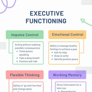 Op de afbeelding: Een kleurrijke infographic met de titel "Uitvoerende functies" met een paars, blauw en groen kleurenschema. De infographic is verdeeld in 10 secties, elk met een titel en een lijst met opsommingstekens. De secties zijn: Impulscontrole, Emotionele controle, Flexibel denken, Werkgeheugen, Zelfmonitoring, Plannen, Taakinitiatie, Organisatie, Is dit belangrijk? en Meer vragen?.