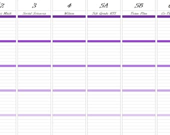 Könnte beinhalten: Ein Wochenplaner für September 2021 mit den Wochentagen links und verschiedenen Fächern oben. Der Planer ist in acht Spalten unterteilt, jede mit einem anderen Fach. Die Fächer sind: Gemeinsamer Mathematikunterricht, Sozialkunde, Wilson, 5. Klasse RTI, Teamplan, Gemeinsamer Englischunterricht, Mittagessen/Plan.