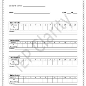 May include: A black and white printable student data collection sheet with a table for tracking progress on four objectives over 12 weeks. The table includes columns for weeks, percentage, accuracy, and notes.