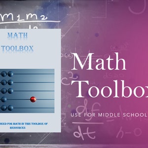 Op de afbeelding: Een blauwe en rode abacus met de tekst "MATH TOOLBOX" en "ALL YOU NEED FOR MATH IN THIS TOOLBOX OF RESOURCES" op een lichtblauwe achtergrond. De tekst "Math Toolbox" is in wit op een roze achtergrond geschreven met wiskundige vergelijkingen.