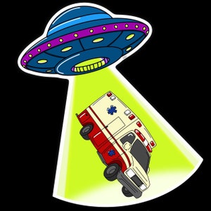以下が含まれることがあります： 青い生命の星が描かれた白と赤の救急車を照らす、空飛ぶ円盤の漫画イラスト