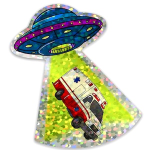 以下が含まれることがあります： UFOが救急車をビームで持ち上げている漫画のイラスト。UFOは青で紫色の縁取りがあり、救急車は白で赤いアクセントが付けられています。背景はキラキラと虹色の模様です。