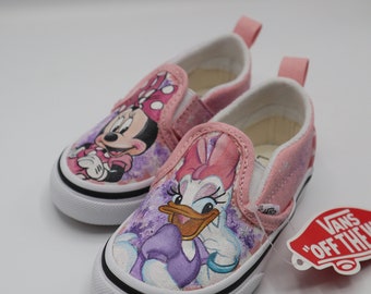 Vans Slip On Pink Shoes, handgeschilderde gepersonaliseerde Minnie en Daisy Duck