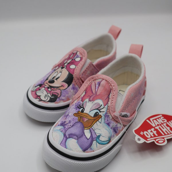 Vans Slip On Pink Shoes, hand painted personalized Minnie and Daisy Duck