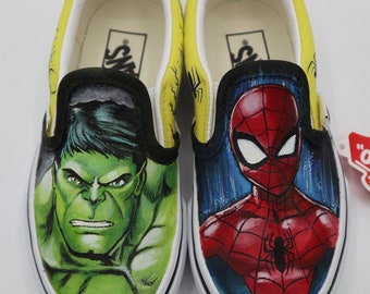 Scarpe Vans Slip On GIALLA, dipinte a mano personalizzate spiderman e hulk