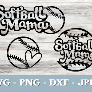 May include: Black and white digital design featuring the text "Softball Mama" with a softball graphic.