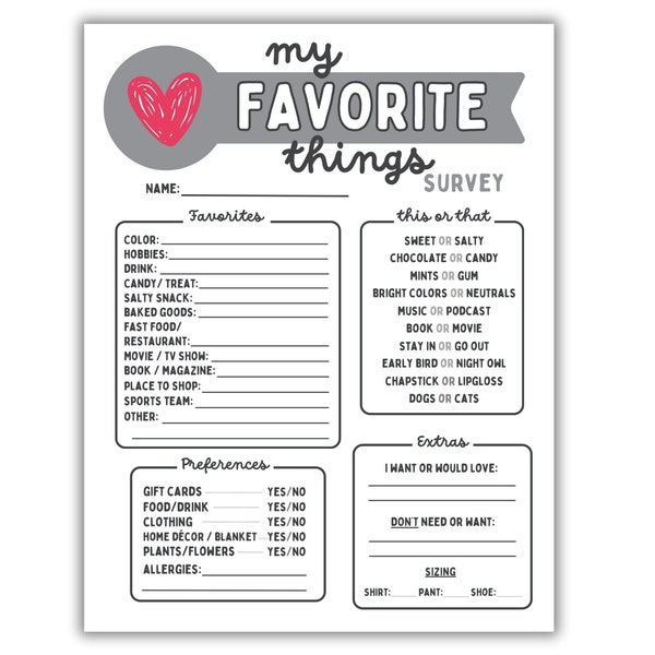 My Favorite Things Survey Questionnaire | Employee Favorites | All About Me | Favorites Survey |