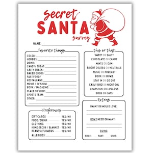 Secret Santa Survey | Secret Santa Questionnaire | Secret Gift Exchange | Fillable PDF File | Christmas Printable |  Holiday Party Invite |