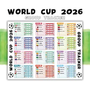 以下が含まれることがあります： ワールドカップ2026グループトラッカーのチャート。AからLまでの12のグループが色分けされています。各セクションには国旗、国名、試合スコアを記入する空白スペースが含まれています。World Cup 2026 Group Trackerというテキストが表示されています。