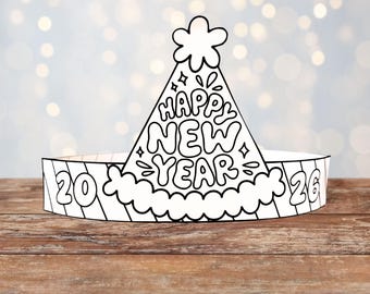 May include: A black and white New Year's party hat with the words "Happy New Year" and the year "2026" printed on it. The hat is cone-shaped with a decorative top and a band to fit around the head.