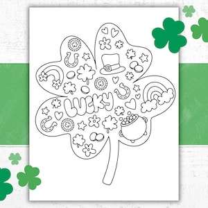 Pu&ograve; includere: Una pagina da colorare in bianco e nero con un quadrifoglio con la parola "lucky" e altre illustrazioni a tema San Patrizio.