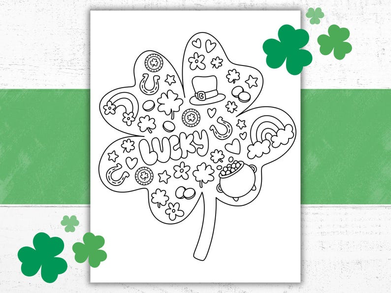 Pu&ograve; includere: Una pagina da colorare in bianco e nero con un quadrifoglio con la parola "lucky" e altre illustrazioni a tema San Patrizio.