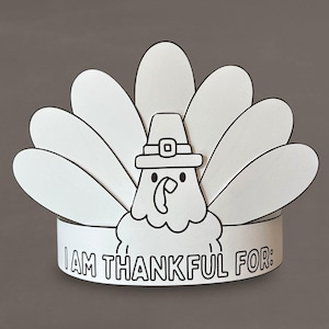 May include: A black and white printable Thanksgiving turkey craft with a hat and the words "I am thankful for:" on the bottom.