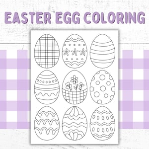 May include: Black and white printable colouring page featuring nine Easter eggs with different patterns. The page has the text "EASTER EGG COLOURING" at the top.