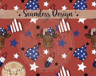 Western July 4th Seamless Pattern: Patriotic Cow Print (Digital Download)