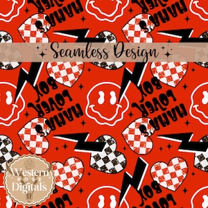 May include: Seamless pattern design featuring a red background with black and white checkered hearts, black lightning bolts, black text that says "Mama's Boy Lover", and red smiley faces.