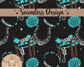 Turquoise western seamless pattern, seamless design, png designs, seamless file, western png, digital paper, Cowprint seamless design
