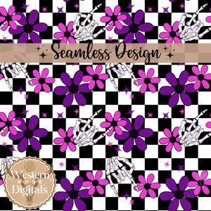May include: A seamless pattern featuring a black and white checkered background with pink and purple flowers and a skeleton hand giving the middle finger. The text "Seamless Design" is at the top of the image.