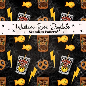 May include: Seamless pattern featuring yellow goldfish crackers, bags of "Cowboy Chew", pretzels, yellow lightning bolts, and a drink cup with a cowboy smiley face. The text "Western Rose Digitals" and "Seamless Pattern" are also present.
