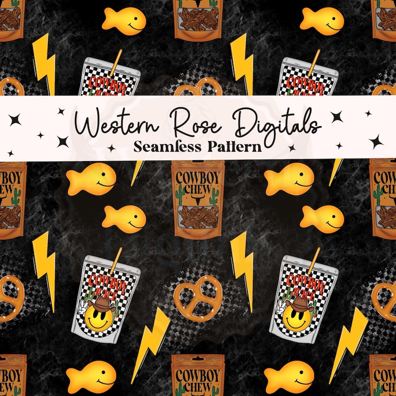 May include: Seamless pattern featuring yellow goldfish crackers, bags of "Cowboy Chew", pretzels, yellow lightning bolts, and a drink cup with a cowboy smiley face. The text "Western Rose Digitals" and "Seamless Pattern" are also present.