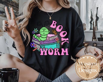 Cute Bookworm PNG, T-Shirt Sublimation Design (Digital Download)