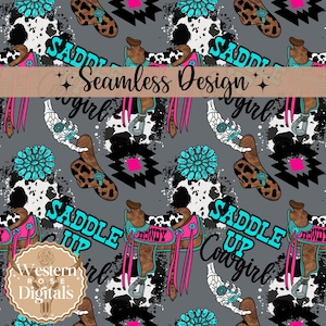 Saddle Up Cowgirl western seamless file, seamless pattern, png file, western png, digital download, digital designs, digital paper
