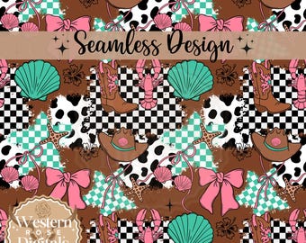 Coastal Cowgirl Seamless Pattern: Western Summer Digital Paper (PNG, Digital Download)